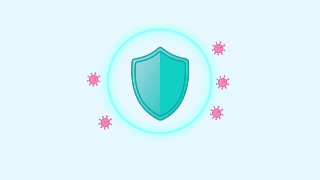Looping immunity shield animation with virus defense glow. Flat vector motion for healthcare UI, immune explainer videos, vaccine awareness, and medical protection graphics.
