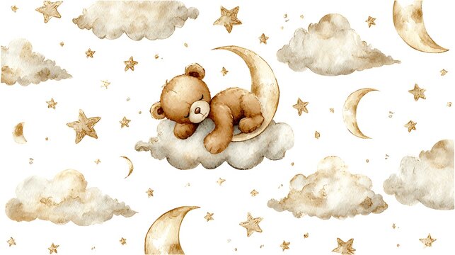 Watercolor teddy bear sleeping on moon isolated on white background