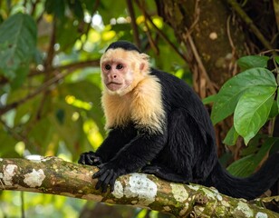 Fototapeta premium A curious monkey with cream-colored face and chest perches on a weathered branch amidst lush, green foliage
