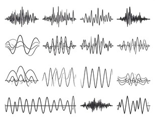 A collection of various line graphs depicts waveforms representing sounds or vibrations of different frequencies and amplitudes