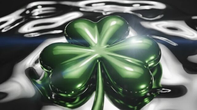Shiny green shamrock on reflective surface abstract concept