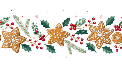 Festive Christmas Border with Gingerbread Cookies and Holly