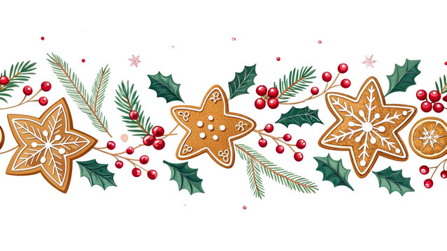 Festive Christmas Border with Gingerbread Cookies and Holly