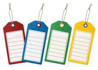 Four brightly colored blank hang tags with twine