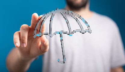 Hand holding digital umbrella icon, concept of protection, security, coverage, insurance, and...