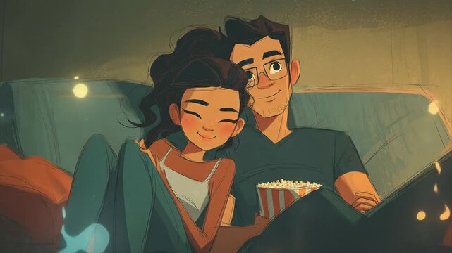 Woman and man watching a movie at home, eating popcorn for an entertainment concept, for film premiere poster or advertisement. Cute asian couple art illustration.