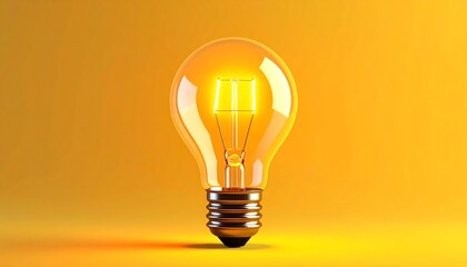 Lit clear lightbulb with glowing filament stands against a warm yellow backdrop, softly lit on its bottom edge