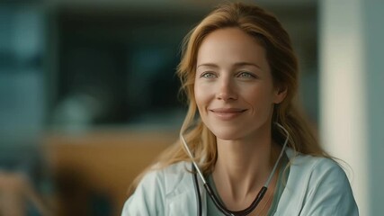 doctor listening to patient heartbeat with stethoscope smiling reassurance soft ambient sounds clinical empathy three quarter wide angle cinematic color correction gentle