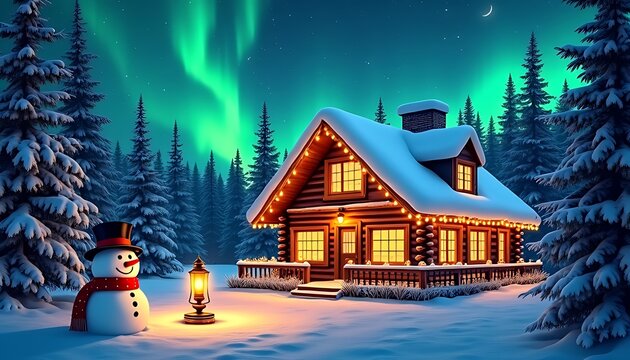 Cozy cabin in a snowy forest with a snowman under the northern lights