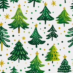 Obraz premium Festive Christmas tree pattern with gold stars and dots creating a joyful holiday atmosphere. This repeating design is perfect for wrapping paper, cards or other festive creations. 