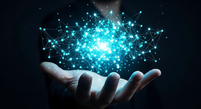 Person holding a glowing network of interconnected nodes, representing data, technology, and communication in a digital world - Powered by Adobe