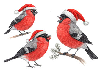 Three bullfinch birds in Santa hats singing carols