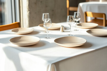 Fototapeta premium Nikkei Fine Dining Table Setting with Plates on White Tablecloth
