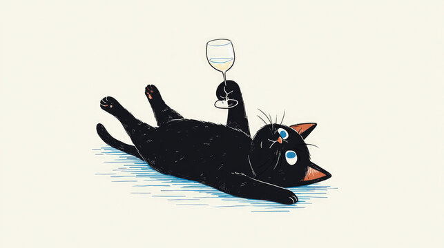 Cute black cat lying on back holding wine glass humorously, minimalist playful illustration perfect for fun prints, greeting cards, or social media.