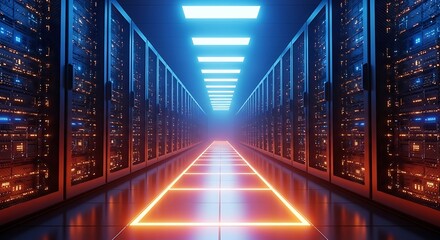 Futuristic server room illuminated with neon lights, symbolizing data center, cloud computing, and hightech infrastructure in a modern environment