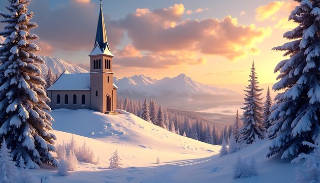 Snowy church on a hill in winter landscape with mountains in background