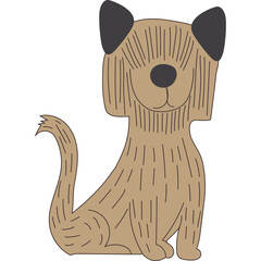 Charming Tan Colored Cartoon Dog with Black Ears Sitting and Curled Tail on Transparent Background