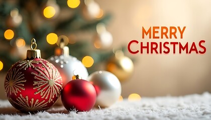 Merry christmas greeting with ornaments and a blurred christmas tree background