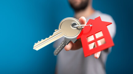 Person with keys and house tag, symbolizing home ownership, investment, and real estate. Perfect for property related themes.