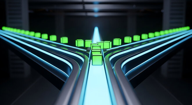 Digital information flow with glowing green cubes on bright blue neon pathways - Powered by Adobe