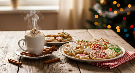 Cozy christmas scene with hot chocolate and decorated cookies