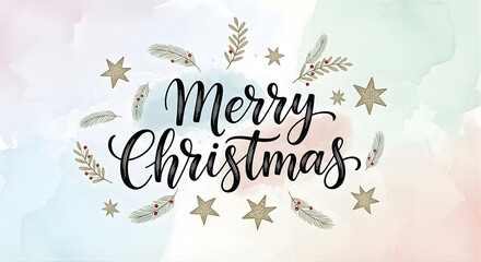 Merry christmas handwritten calligraphy with festive floral and star elements
