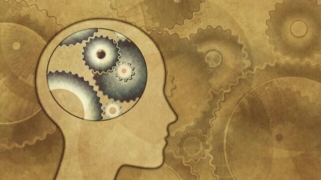 human head silhouette in profile with internal gears and cogs, mechanical thinking, knowledge, complex thought, artificial intelligence, problem solving and psychology