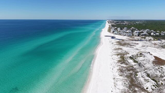 Panoramic drone orbit at the turquoise Gulf of Mexico and coastal environment of Grayton Beach area, 30A, Florida, USA