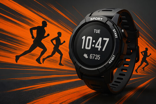 Modern Sport Watch Displaying Time and Steps with Running Silhouette Background
