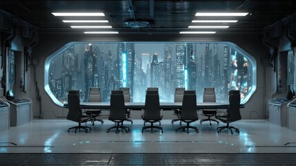 Futuristic Conference Room With Cityscape View