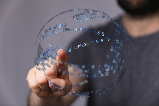 Concept of data processing, internet of things. Man interacts with a virtual data sphere. Representing digital transformation, techno - Powered by Adobe