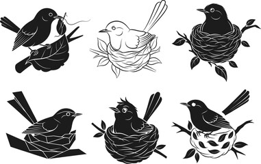 Birds in nests illustration set, black and white vector, foliage details, twig holding pose, artistic wildlife design, nature concept