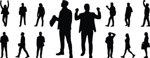 Business silhouettes, professional poses, corporate people, teamwork concept, office workers, leadership, communication, success, career, diversity, standing, walking, confident, formal