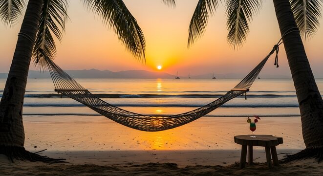 Tranquil beach sunset scene with hammock between palm trees