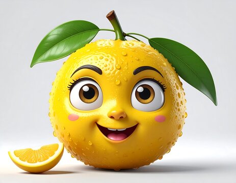 A cute, anthropomorphic citrus fruit with a smiling face, large eyes, leaves, and a slice on a white backdrop