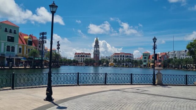 Empty artificial Venice in Phu Quoc, Vietnam, featuring European-style buildings and a church built for tourists under a bright blue sky