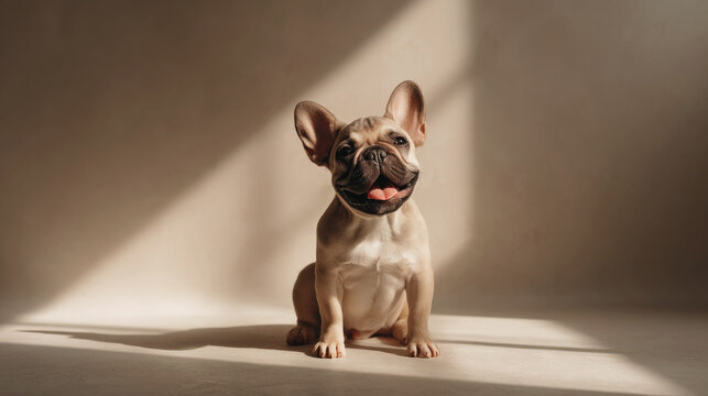 Happy French Bulldog puppy sitting in sunlight with playful expression.