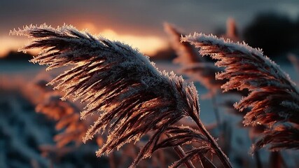 Close up of frosted reeds at sunset with warm sunlight and textures - Powered by Adobe