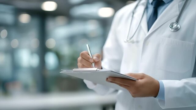 doctor taking notes on clipboard with stethoscope shining under fluorescent light soft murmurs hospital activity three quarter wide angle cinematic color correction gentle