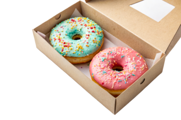 Two colorful frosted donuts sprinkles cardboard box open, cut out transparent