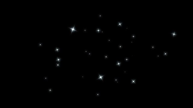 Twinkling stars animation, glitter sparkle animated, white cartoon blinking stars, flat vector doodle sparkle, glowing light trails, 2d shining twinkle effect on black screen background. 4k video