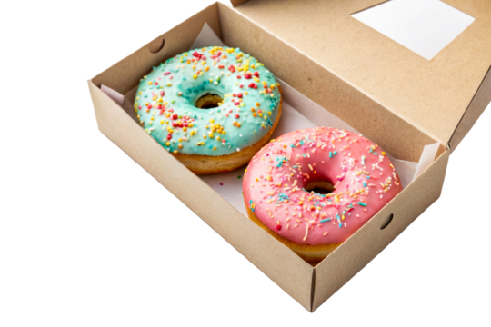 Two colorful frosted donuts sprinkles cardboard box open, cut out transparent
