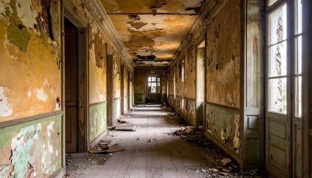 Long deserted corridor featuring peeling paint and debris, evokes a sense of decay and abandonment