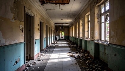 Long, empty hallway in dilapidated state, plaster peeling, debris scattered across the floor, light shining through windows