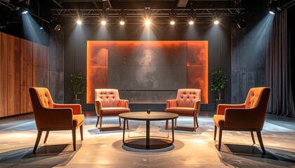 Lit talk show set four armchairs around a small table against a grey-orange backdrop, spotlights above