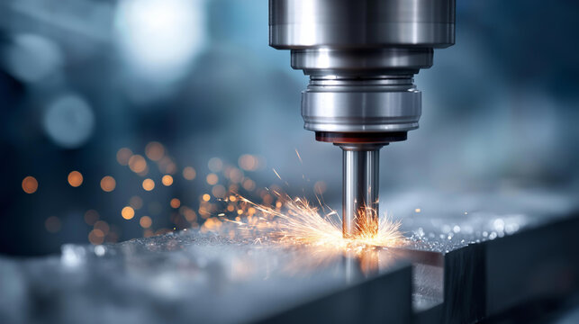 CNC machine cutting metal with sparks defocused precision drill, faceless manufacturing technology, industrial visualization detail, blurred machining background, advanced technolo