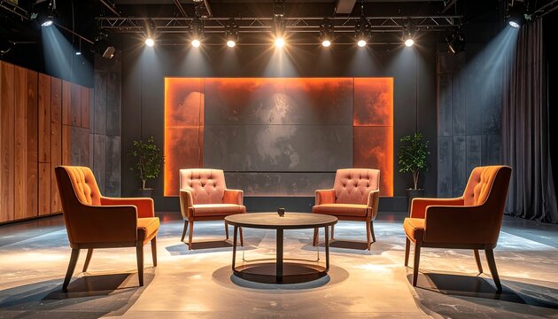 Lit talk show set four armchairs around a small table against a grey-orange backdrop, spotlights above
