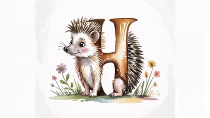 Hedgehog letter H watercolor animal