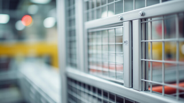 Protective metal grid with belts on defocused machinery, faceless safety equipment, industrial visualization detail, blurred mechanical background, safety operation concept, machin