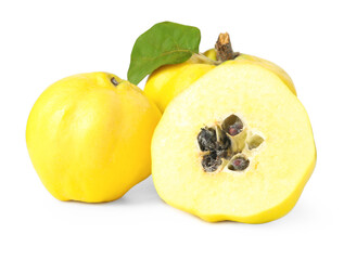 Whole and cut ripe quince fruits isolated on white